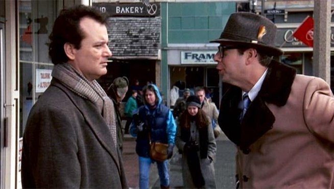 Phil Connors (Bill Murray) and Ned Ryerson in Groundhog Day.