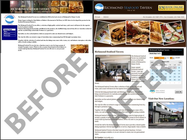 A restaurant website before and after a redesign.